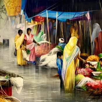 Painting titled "Mousson market" by Raymond Poulet, Original Artwork, Oil