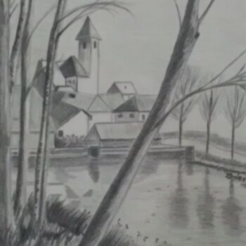 Drawing titled "Le bord du canal" by Roberte Buirey, Original Artwork, Pencil