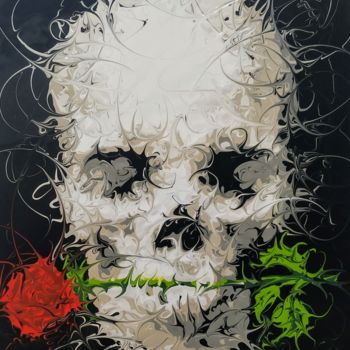 Painting titled "Skull Rose" by Reba, Original Artwork, Acrylic Mounted on Wood Stretcher frame