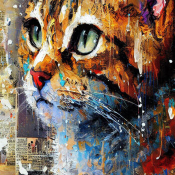 Arts numériques intitulée "portrait de chat ar…" par Red Paper Art, Œuvre d'art originale, Collage numérique