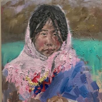 Painting titled "Petite fille d’ici" by Reda Kanzaoui, Original Artwork, Oil Mounted on Wood Panel