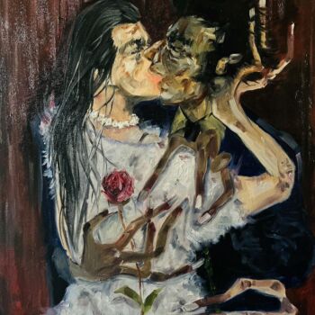 Painting titled "Le baiser" by Reda Kanzaoui, Original Artwork, Oil Mounted on Wood Stretcher frame