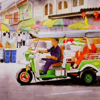 Painting titled "Yaowarat street.(Ch…" by Toshiyuki Suzuki, Original Artwork, Watercolor