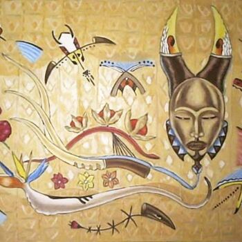 Peinture intitulée "Masque avec hibiscu…" par Benidiri Redha, Œuvre d'art originale
