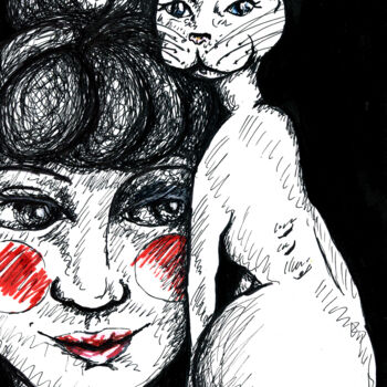 Zeichnungen mit dem Titel "Femme avec Chat" von Karine Garelli (Reds Robin), Original-Kunstwerk, Andere