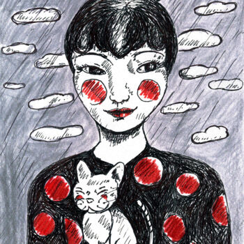 Desenho intitulada "Le Chat de la fille" por Karine Garelli (Reds Robin), Obras de arte originais, Outro