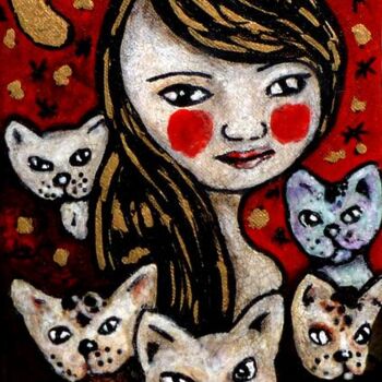 Pintura titulada "Fille et 5 chats la…" por Karine Garelli (Reds Robin), Obra de arte original, Oleo