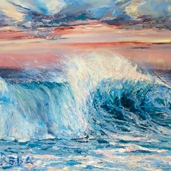 Peinture intitulée "Big waves at the sh…" par Reda Pinchera, Œuvre d'art originale, Huile