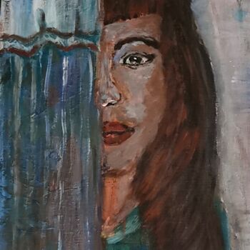 Painting titled "Anna behind the cur…" by Regina Dem, Original Artwork, Acrylic