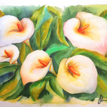 Painting titled "White calla lilies" by Regina Ishina, Original Artwork, Watercolor