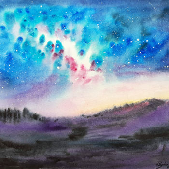 Peinture intitulée "Starry sky night" par Regina Ishina, Œuvre d'art originale, Aquarelle