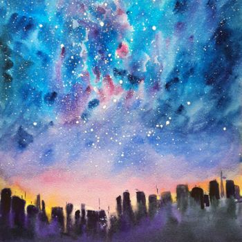 Картина под названием "Starry night in tow…" - Regina Ishina, Подлинное произведение искусства, Акварель