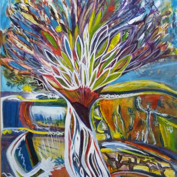 Painting titled "Tree with monitor" by Regina Kehrer, Original Artwork, Acrylic Mounted on Wood Panel