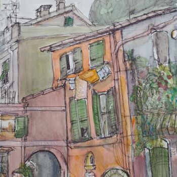 Malerei mit dem Titel "Schiefes Haus in Mo…" von Regina Kehrer, Original-Kunstwerk, Aquarell