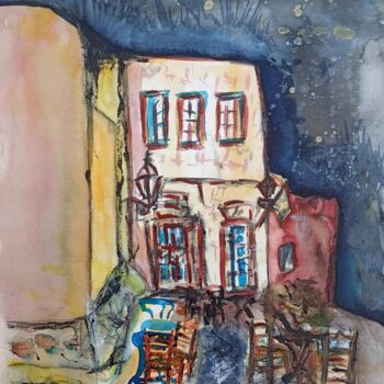Painting titled "Chora at night with…" by Regina Kehrer, Original Artwork, Watercolor