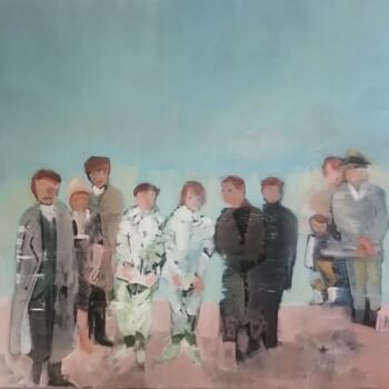 Malerei mit dem Titel "Gruppe am Strand" von Regina Schween, Original-Kunstwerk, Öl Auf Keilrahmen aus Holz montiert
