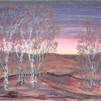 Dessin intitulée "Birches at Dawn" par Regina Valluzzi, Œuvre d'art originale, Encre
