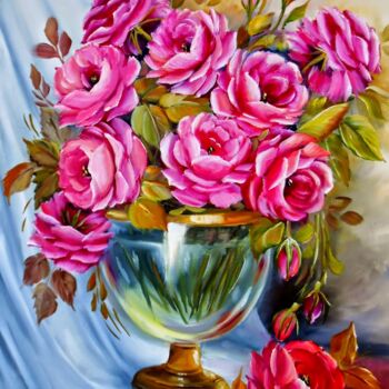 Painting titled "Vaso de rosas  rosas" by Regina Schwingel, Original Artwork, Oil