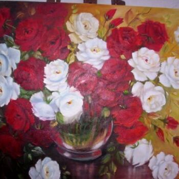 Painting titled "rosas brancas e ver…" by Regina Schwingel, Original Artwork