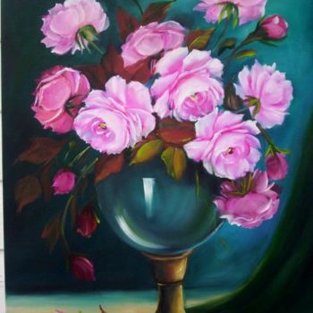 Painting titled "rosas e cortina ver…" by Regina Schwingel, Original Artwork