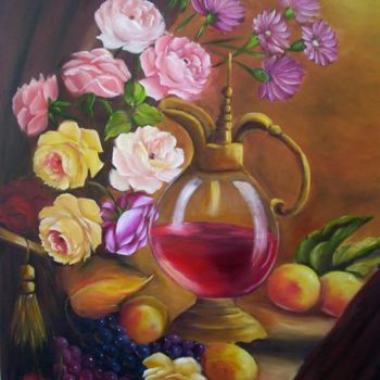 Painting titled "ROSAS E FRUTAS" by Regina Schwingel, Original Artwork