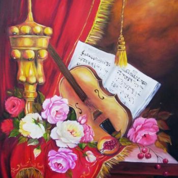 Pintura intitulada "VIOLINO E FLORES" por Regina Schwingel, Obras de arte originais, Óleo