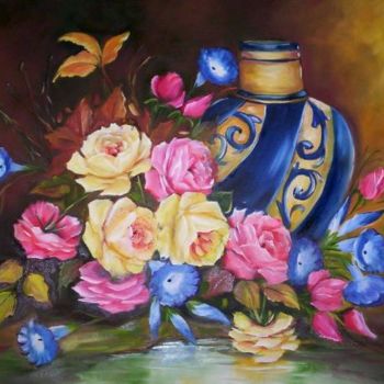 Schilderij getiteld "VASO E ROSAS COLORI…" door Regina Schwingel, Origineel Kunstwerk