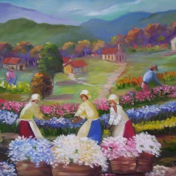 Painting titled "COLHEITA DE FLORES I" by Regina Schwingel, Original Artwork