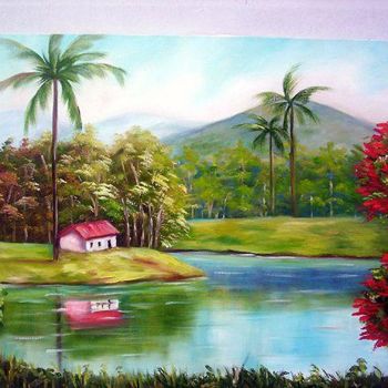 Pintura titulada "PAISAGEM  CASA E LA…" por Regina Schwingel, Obra de arte original