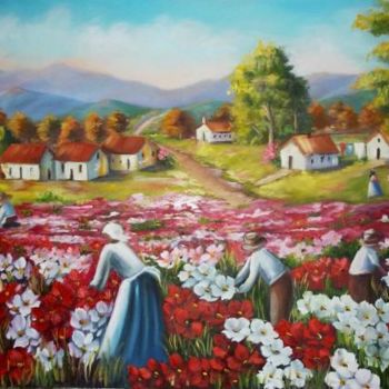 Painting titled "COLHEITA DE FLORES…" by Regina Schwingel, Original Artwork, Oil