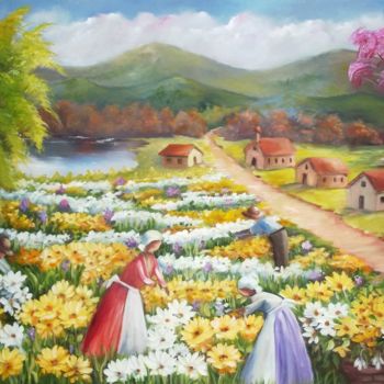 Pintura intitulada "COLHEITA DE FLORES…" por Regina Schwingel, Obras de arte originais