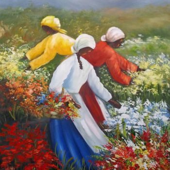 Painting titled "COLHEITA DE FLORES…" by Regina Schwingel, Original Artwork, Oil