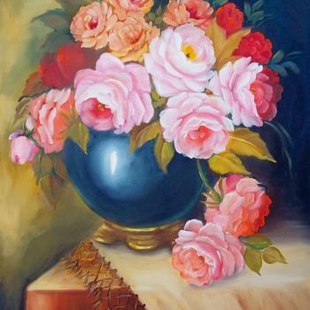 Pintura intitulada "VASO AZUL E FLORES…" por Regina Schwingel, Obras de arte originais