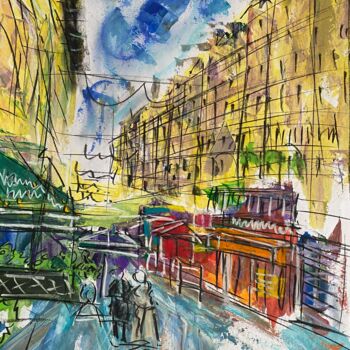 Картина под названием "Rue avec restaurants" - Regine Blot, Подлинное произведение искусства, Акрил Установлен на Деревянная…