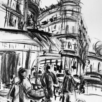 Drawing titled "Rue commercante" by Regine Blot, Original Artwork, Charcoal Mounted on Wood Panel