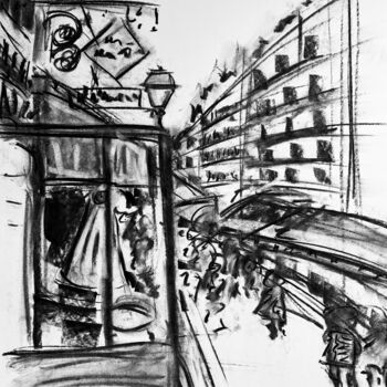 Рисунок под названием "Sur le trottoir" - Regine Blot, Подлинное произведение искусства, Древесный уголь Установлен на картон