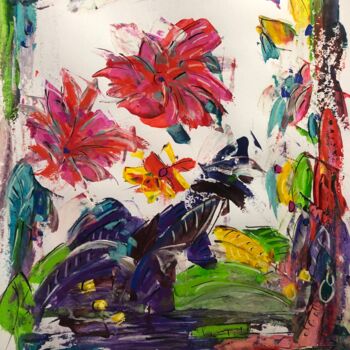 Картина под названием "2 fleurs dans le ve…" - Regine Blot, Подлинное произведение искусства, Акрил Установлен на Деревянная…