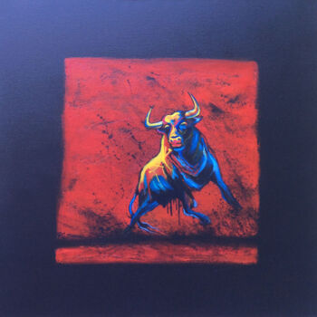Painting titled "TORO IN COLORS" by Régine Guthmann, Original Artwork, Acrylic Mounted on Wood Stretcher frame