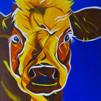 Painting titled "LA VACHE CITRONNELLE" by Régine Guthmann, Original Artwork, Acrylic Mounted on Wood Stretcher frame