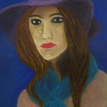 Drawing titled "jeune femme au chap…" by Régine Ledanois, Original Artwork, Pastel