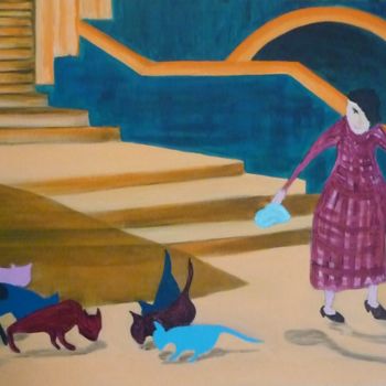 Painting titled "Mamie et les chats" by Régine Ledanois, Original Artwork, Acrylic