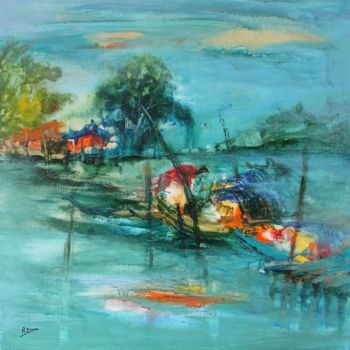 Painting titled "barques sur le Méko…" by Navema, Original Artwork, Acrylic Mounted on Wood Stretcher frame