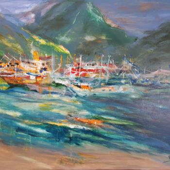 Pintura titulada "Retour des bateaux…" por Navema, Obra de arte original, Acrílico Montado en Bastidor de camilla de madera