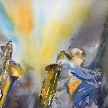 Peinture intitulée "Scène de jazz I" par Navema, Œuvre d'art originale, Aquarelle