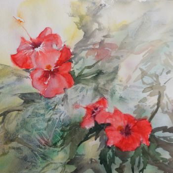 Painting titled "Les hibiscus" by Navema, Original Artwork, Watercolor