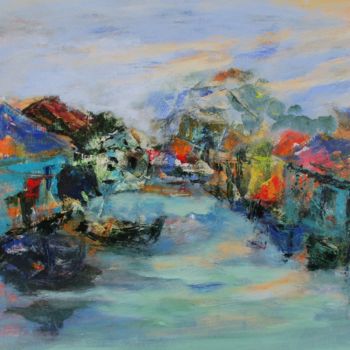 Painting titled "Village sur le lac…" by Navema, Original Artwork, Acrylic Mounted on Wood Stretcher frame