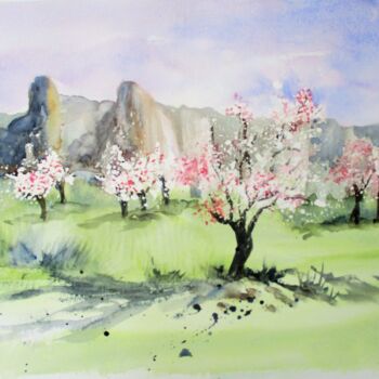 Painting titled "Amandiers en fleurs" by Navema, Original Artwork, Watercolor