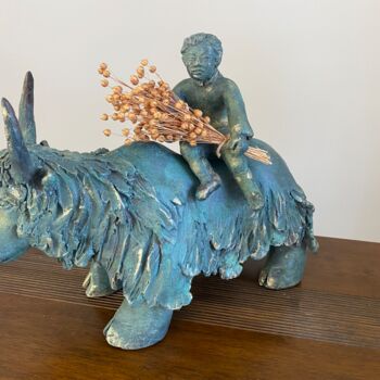 Skulptur mit dem Titel "LE YAK ET L ENFANT" von Régine Peltier, Original-Kunstwerk, Terra cotta