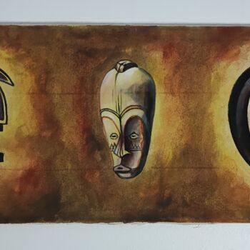 Painting titled "Masques Ethniques G…" by Regis Mezui-Mintsa, Original Artwork, Acrylic Mounted on Wood Stretcher frame