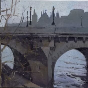 Painting titled "Pont Neuf en hiver" by Régis Pettinari, Original Artwork, Oil Mounted on Wood Stretcher frame